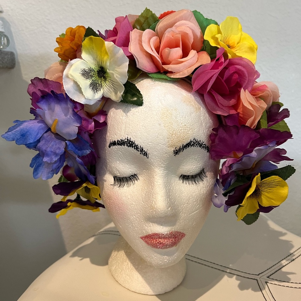 Headpiece custom made on fabric headband with fabric flowers front & back. New